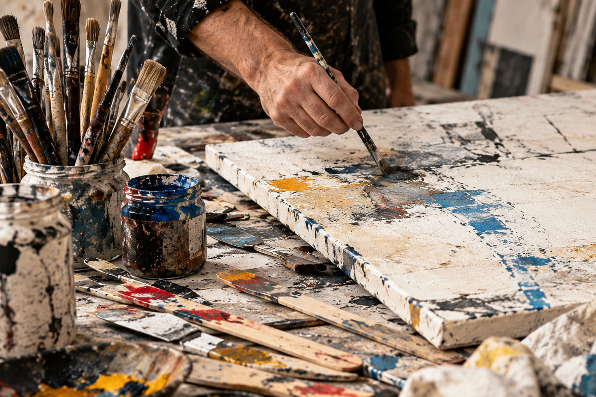 Antonio Camba trabajando sobre una pintura en el estudio durante el proceso de Semillas.
